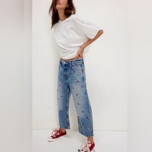 Free People Denim Boyfriend Jeans with Red Hearts *SOLD OUT *27 *NWT